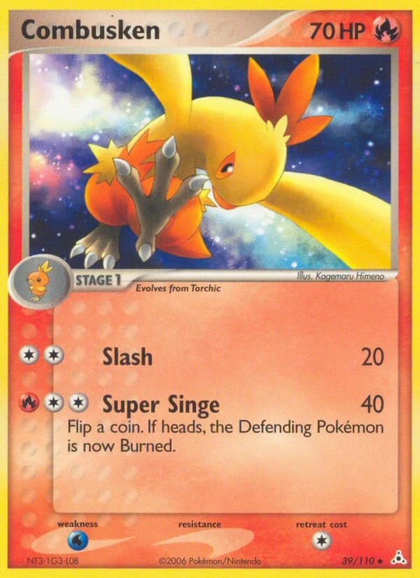 Combusken, EX Holon Phantoms 39/110; representative English card scan; edition, finish and stamps may differ