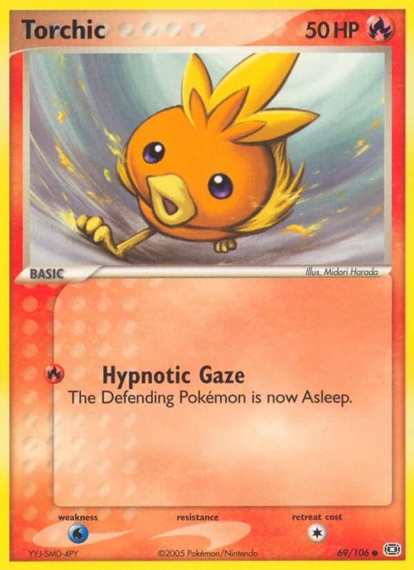 Torchic, EX Emerald 69/106; representative English card scan; edition, finish and stamps may differ