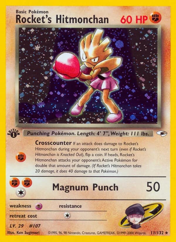 Rocket's Hitmonchan, Gym Heroes 11/132; representative English card scan; edition, finish and stamps may differ