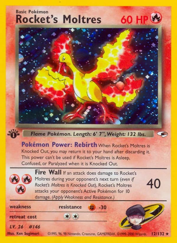 Rocket's Moltres, Gym Heroes 12/132; representative English card scan; edition, finish and stamps may differ