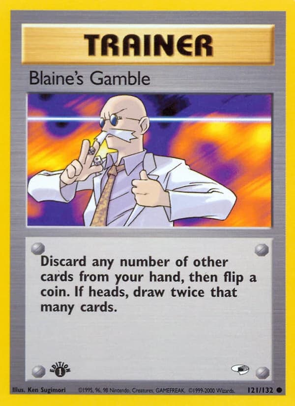 Blaine's Gamble, Gym Heroes 121/132; representative English card scan; edition, finish and stamps may differ