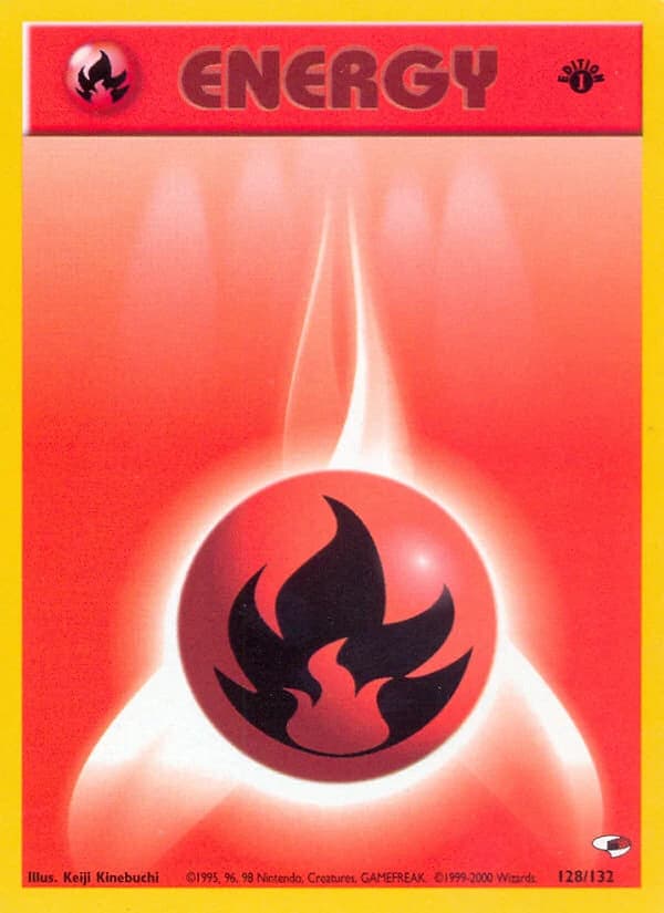 Fire Energy, Gym Heroes 128/132; representative English card scan; edition, finish and stamps may differ