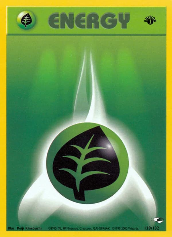 Grass Energy, Gym Heroes 129/132; representative English card scan; edition, finish and stamps may differ