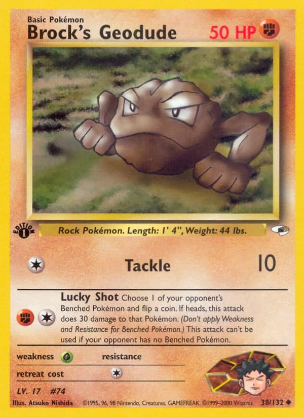 Brock's Geodude, Gym Heroes 38/132; representative English card scan; edition, finish and stamps may differ