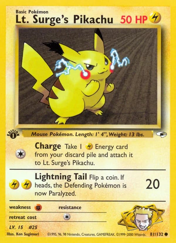 Lt. Surge's Pikachu, Gym Heroes 81/132; representative English card scan; edition, finish and stamps may differ