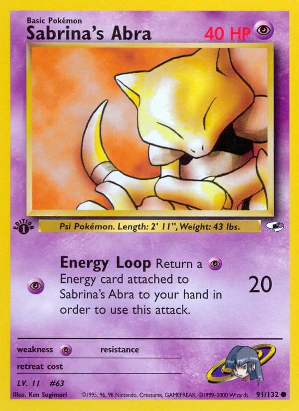 Sabrina's Abra, Gym Heroes 91/132; representative English card scan; edition, finish and stamps may differ