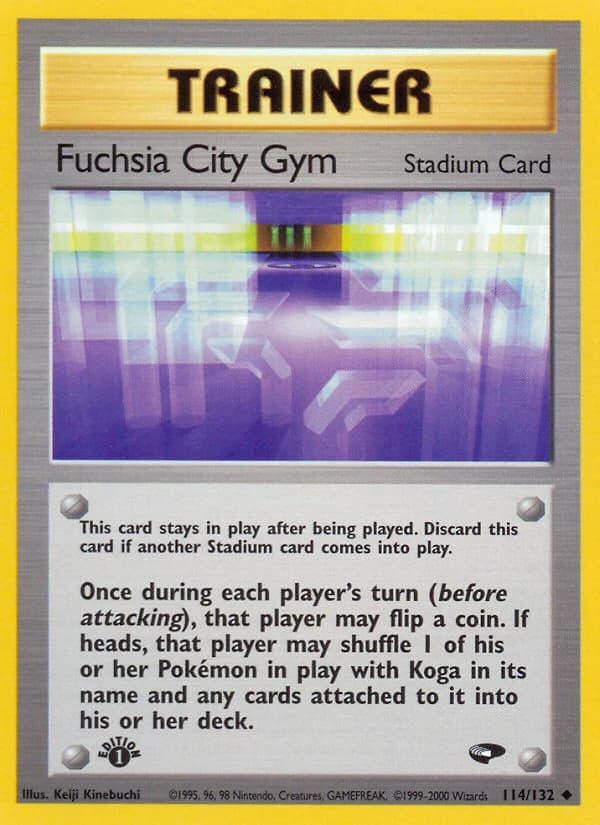 Fuchsia City Gym, Gym Challenge 114/132; representative English card scan; edition, finish and stamps may differ