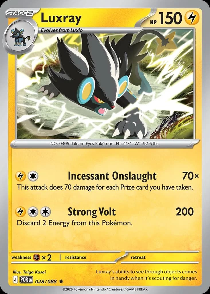 Luxray, Mega Evolution—Perfect Order 28/88; representative English card scan; edition, finish and stamps may differ