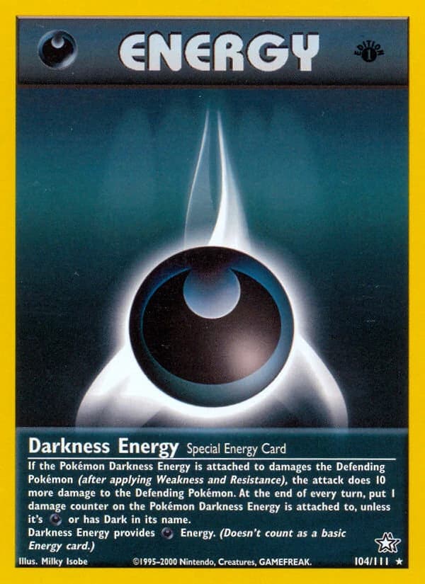 Darkness Energy, Neo Genesis 104/111; representative English card scan; edition, finish and stamps may differ