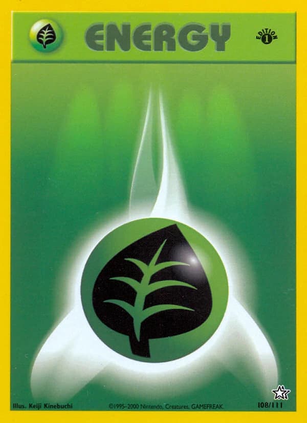Grass Energy, Neo Genesis 108/111; representative English card scan; edition, finish and stamps may differ