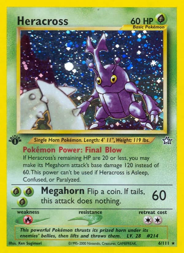 Heracross, Neo Genesis 6/111; representative English card scan; edition, finish and stamps may differ