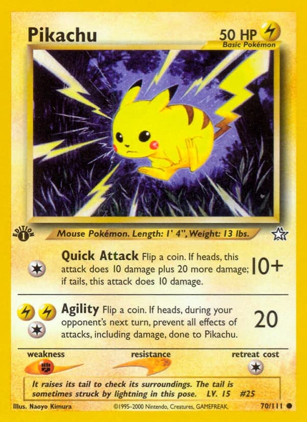 Pikachu, Neo Genesis 70/111; representative English card scan; edition, finish and stamps may differ