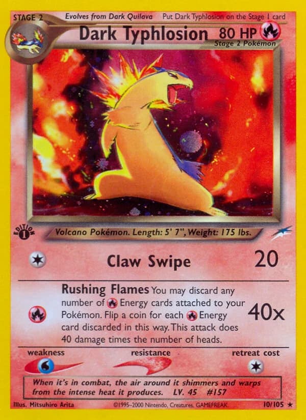 Dark Typhlosion, Neo Destiny 10/105; representative English card scan; edition, finish and stamps may differ