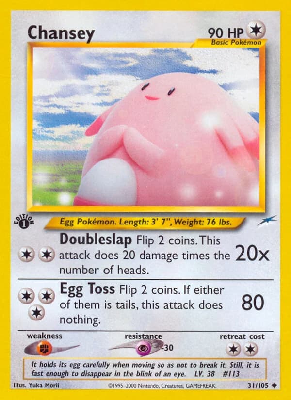 Chansey, Neo Destiny 31/105; representative English card scan; edition, finish and stamps may differ
