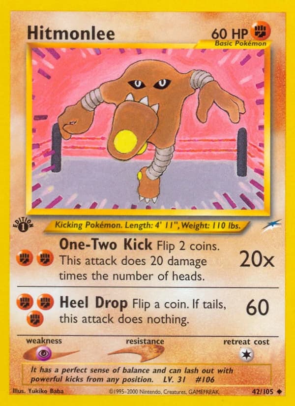 Hitmonlee, Neo Destiny 42/105; representative English card scan; edition, finish and stamps may differ