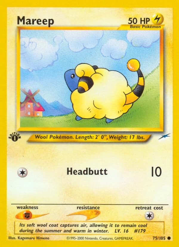 Mareep, Neo Destiny 75/105; representative English card scan; edition, finish and stamps may differ