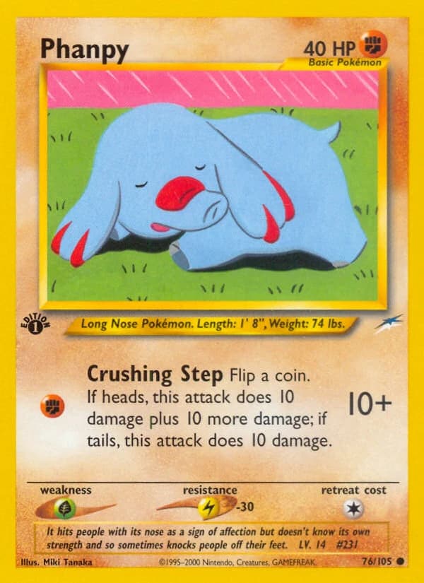 Phanpy, Neo Destiny 76/105; representative English card scan; edition, finish and stamps may differ