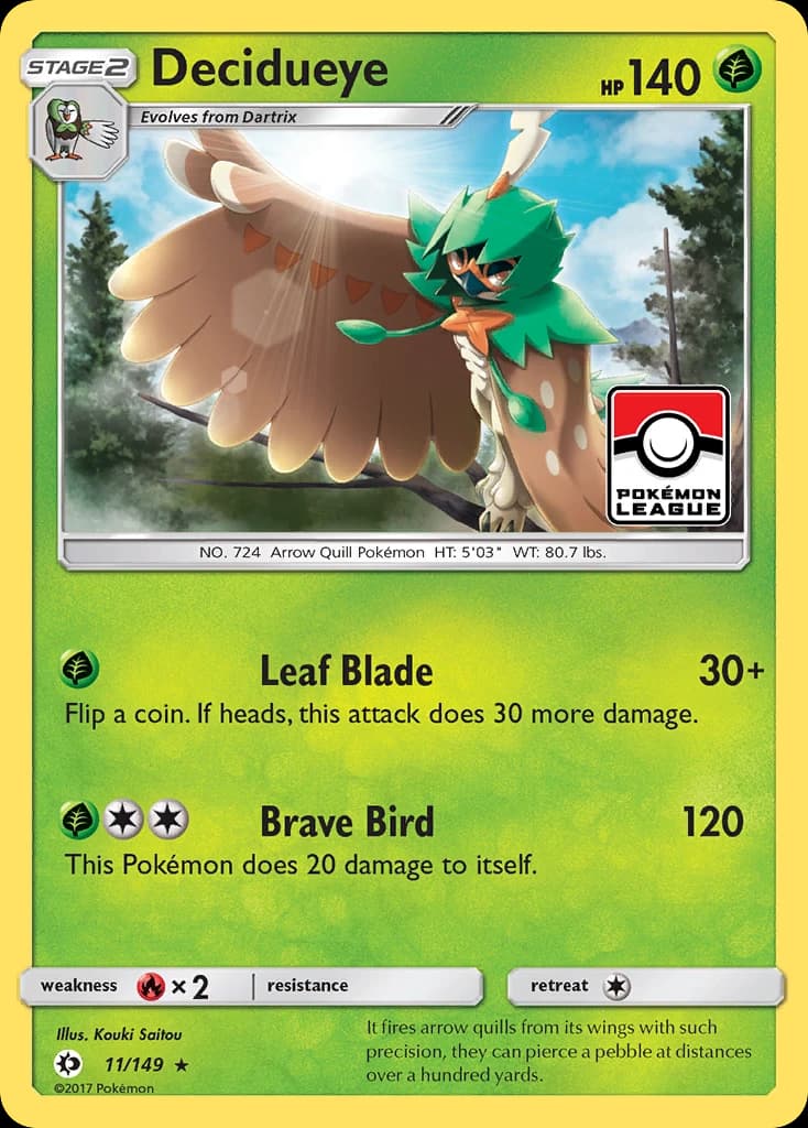 Decidueye, Sun & Moon 11/149; representative English card scan; edition, finish and stamps may differ