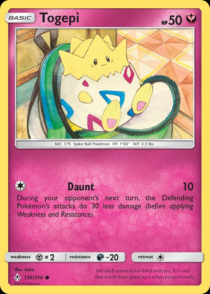 Togepi, Unbroken Bonds 136/214; representative English card scan; edition, finish and stamps may differ