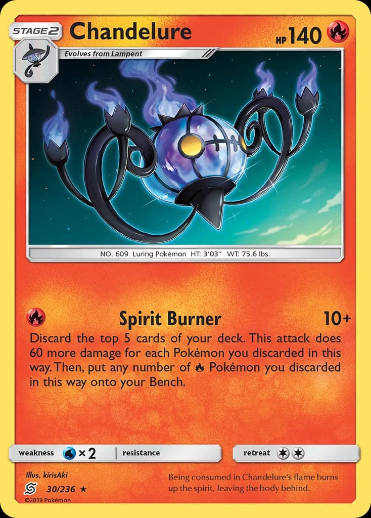 Chandelure, Unified Minds 30/236; representative English card scan; edition, finish and stamps may differ