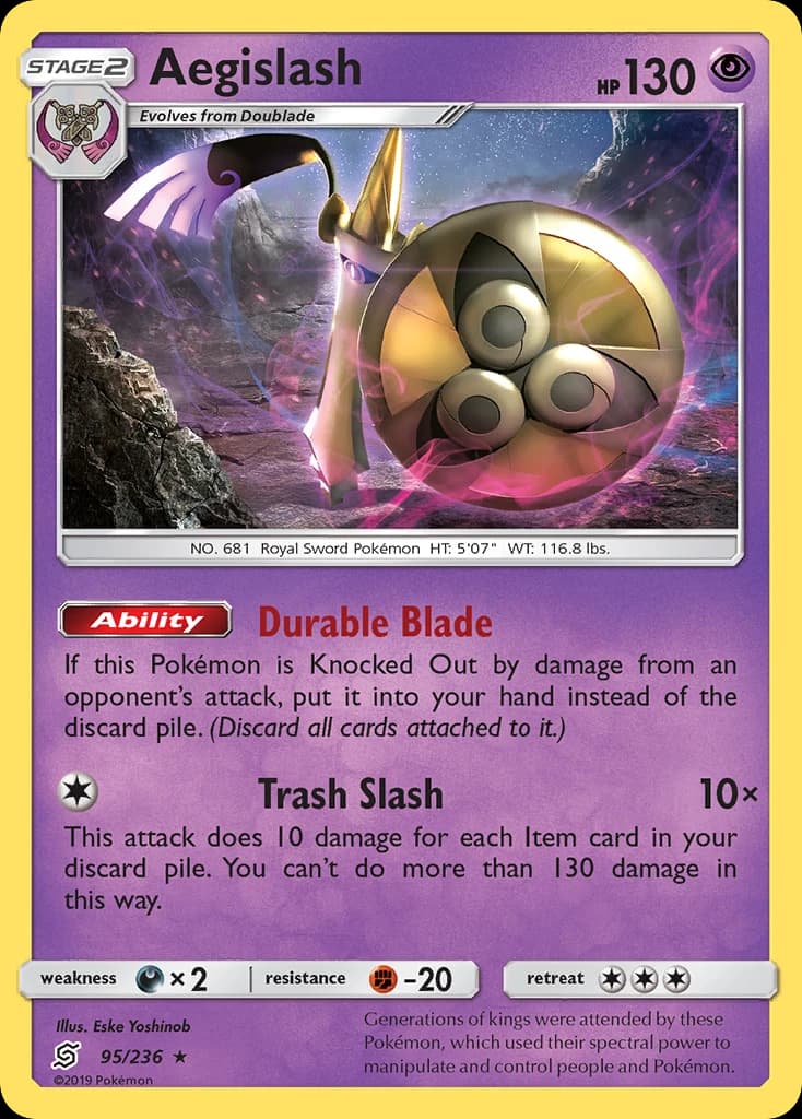 Aegislash, Unified Minds 95/236; representative English card scan; edition, finish and stamps may differ