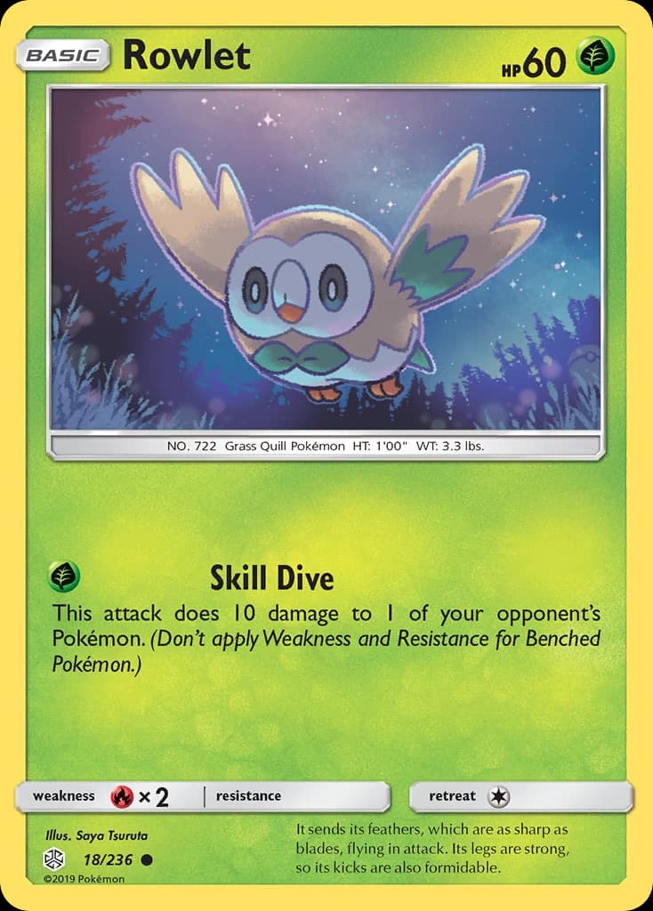 Rowlet, Cosmic Eclipse 18/236; representative English card scan; edition, finish and stamps may differ