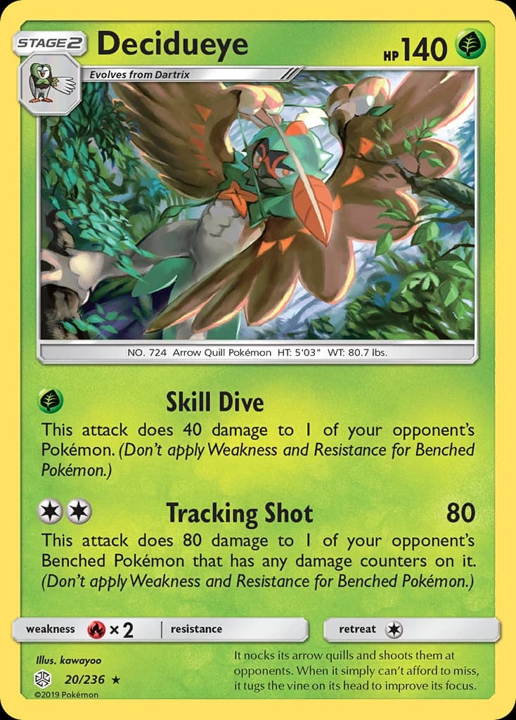 Decidueye, Cosmic Eclipse 20/236; representative English card scan; edition, finish and stamps may differ