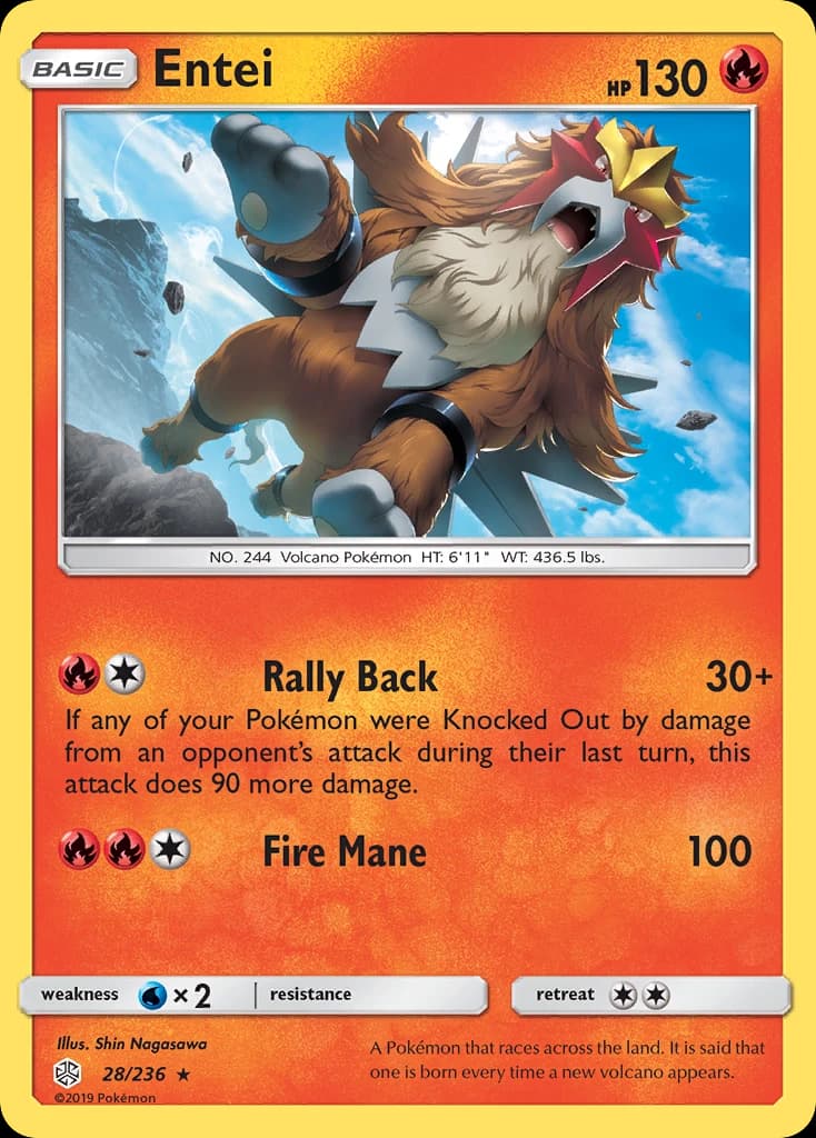 Entei, Cosmic Eclipse 28/236; representative English card scan; edition, finish and stamps may differ