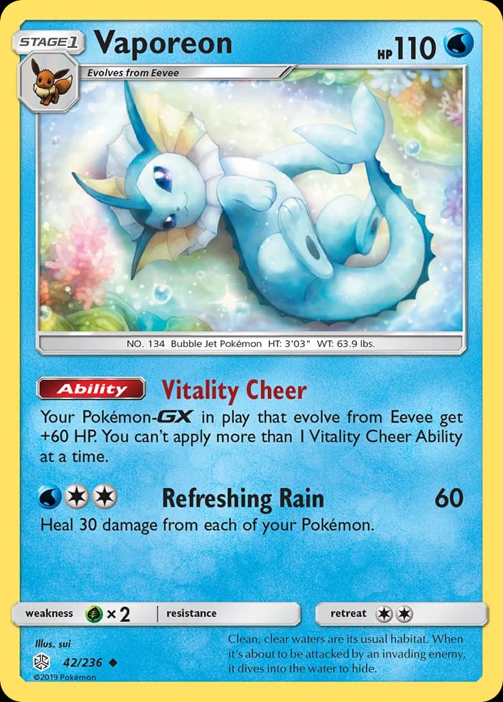 Vaporeon, Cosmic Eclipse 42/236; representative English card scan; edition, finish and stamps may differ