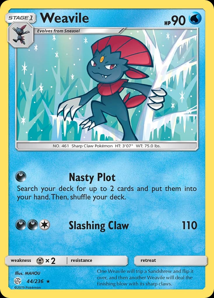 Weavile, Cosmic Eclipse 44/236; representative English card scan; edition, finish and stamps may differ