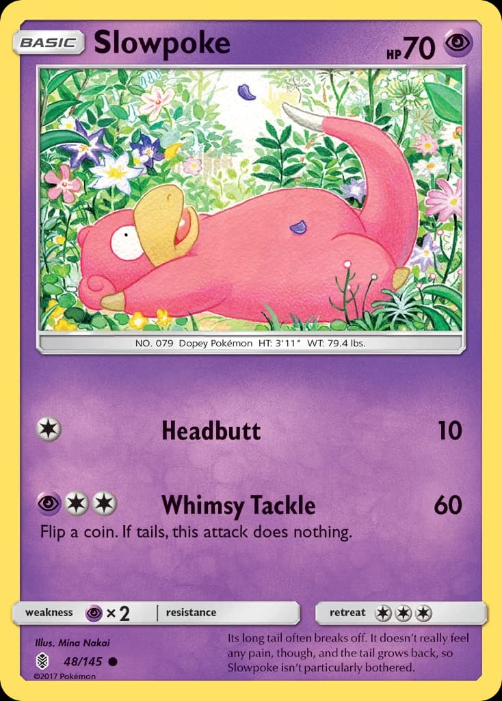 Slowpoke, Guardians Rising 48/145; representative English card scan; edition, finish and stamps may differ