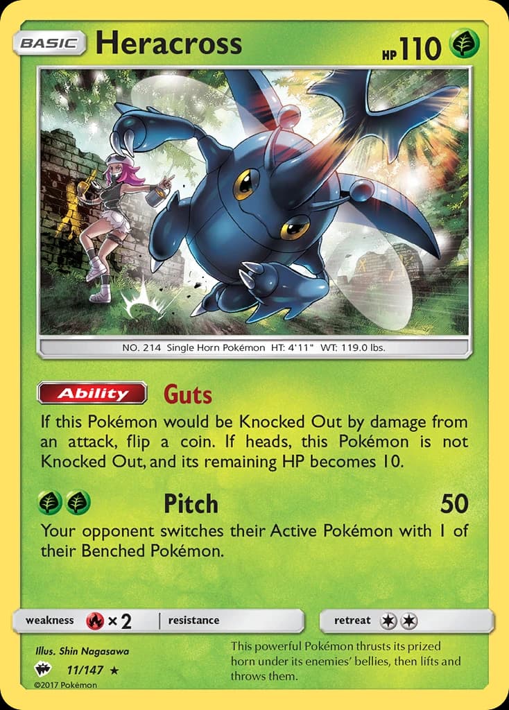 Heracross, Burning Shadows 11/147; representative English card scan; edition, finish and stamps may differ