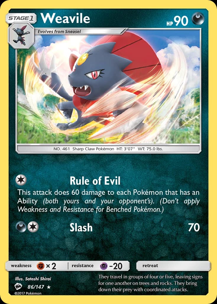 Weavile, Burning Shadows 86/147; representative English card scan; edition, finish and stamps may differ