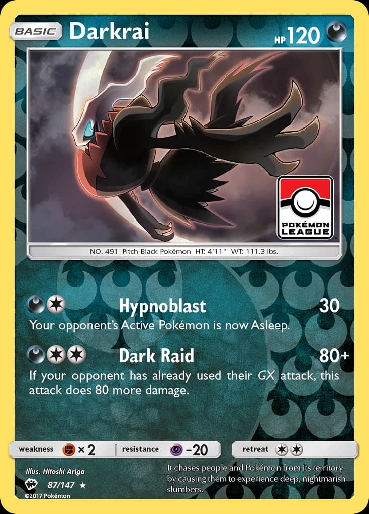 Darkrai, Burning Shadows 87/147; representative English card scan; edition, finish and stamps may differ