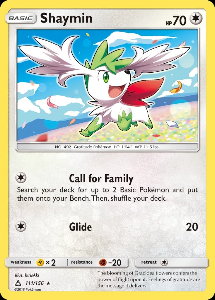 Shaymin, Ultra Prism 111/156; representative English card scan; edition, finish and stamps may differ