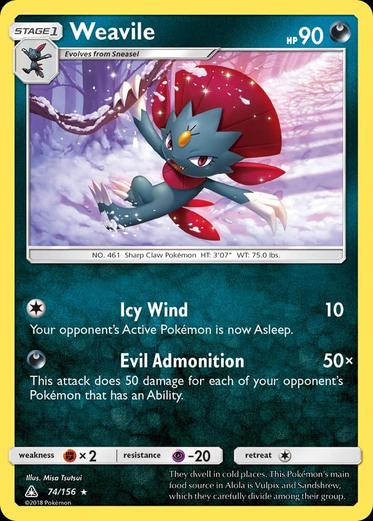 Weavile, Ultra Prism 74/156; representative English card scan; edition, finish and stamps may differ