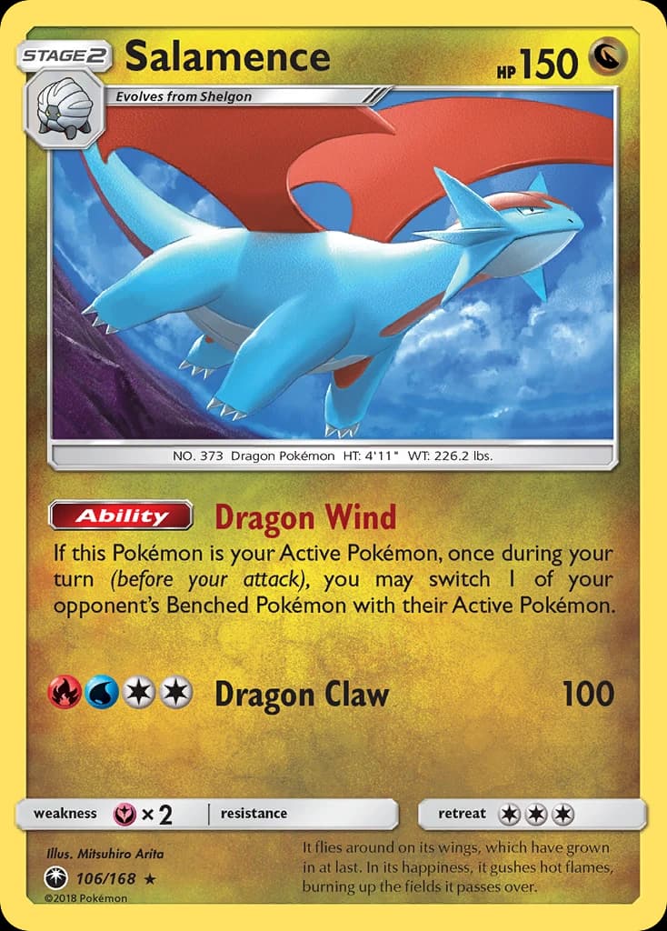 Salamence, Celestial Storm 106/168; representative English card scan; edition, finish and stamps may differ