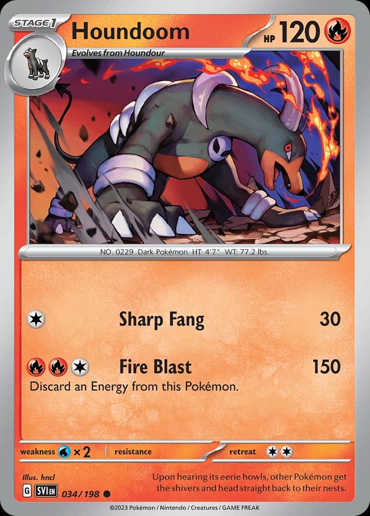 Houndoom, Scarlet & Violet 34/198; representative English card scan; edition, finish and stamps may differ