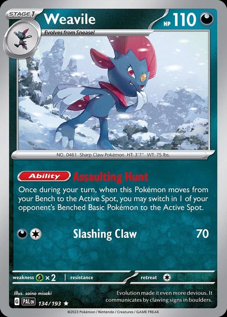 Weavile, Paldea Evolved 134/193; representative English card scan; edition, finish and stamps may differ