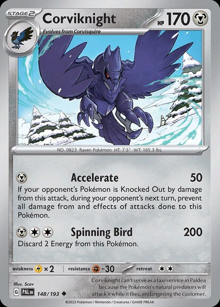 Corviknight, Paldea Evolved 148/193; representative English card scan; edition, finish and stamps may differ