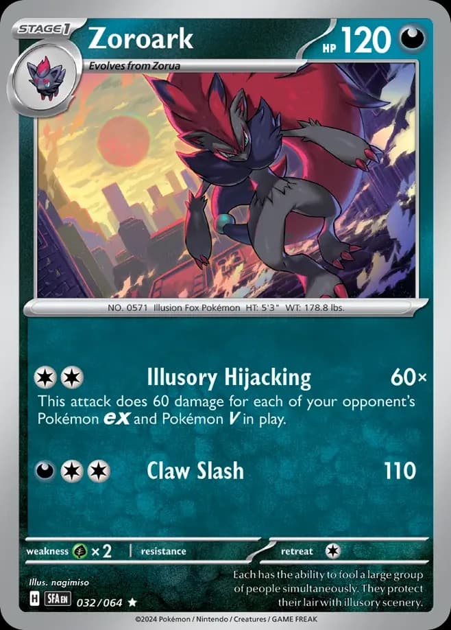Zoroark, Shrouded Fable 32/64; representative English card scan; edition, finish and stamps may differ