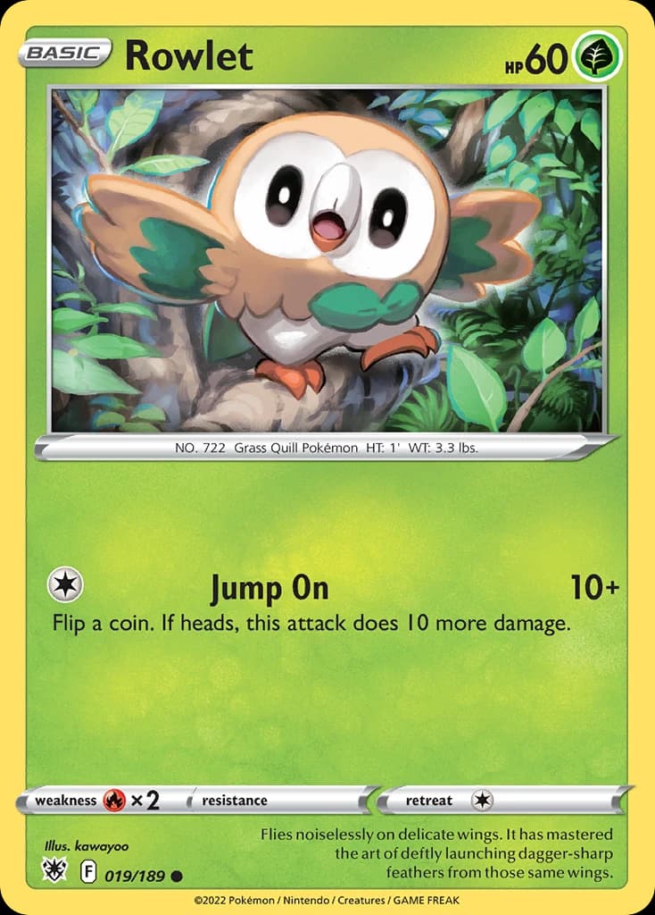 Rowlet, Astral Radiance 19/189; representative English card scan; edition, finish and stamps may differ