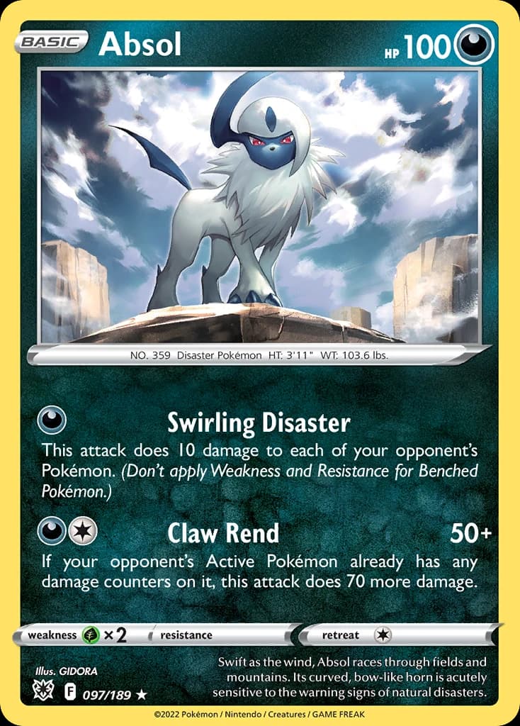 Absol, Astral Radiance 97/189; representative English card scan; edition, finish and stamps may differ