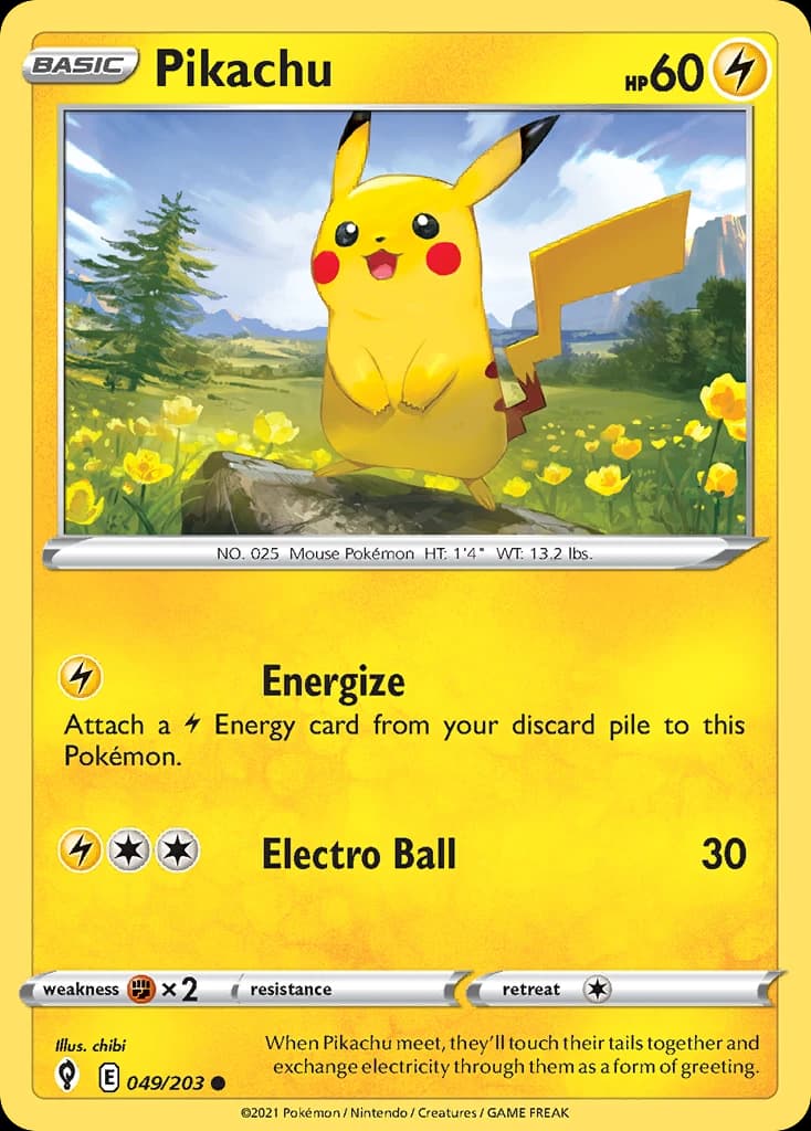 Pikachu, Evolving Skies 49/203; representative English card scan; edition, finish and stamps may differ