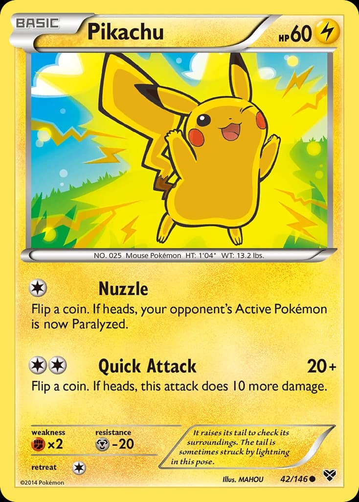 Pikachu, XY 42/146; representative English card scan; edition, finish and stamps may differ