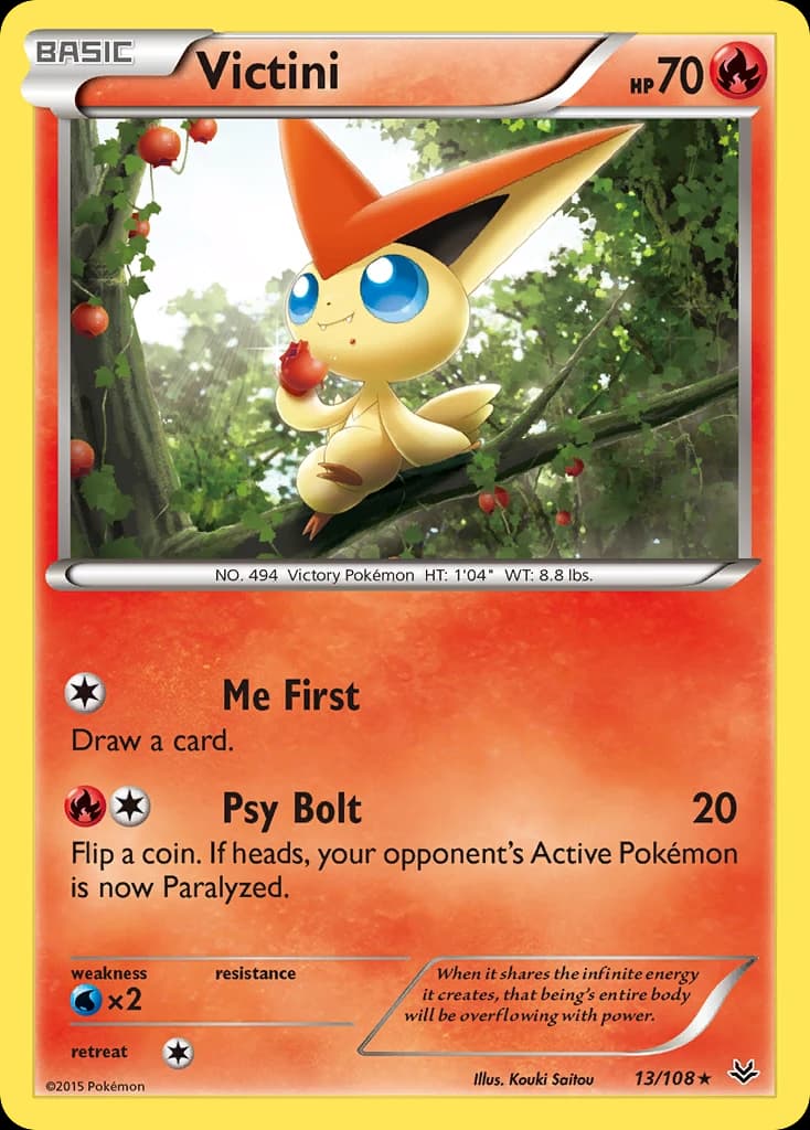 Victini, Roaring Skies 13/108; representative English card scan; edition, finish and stamps may differ