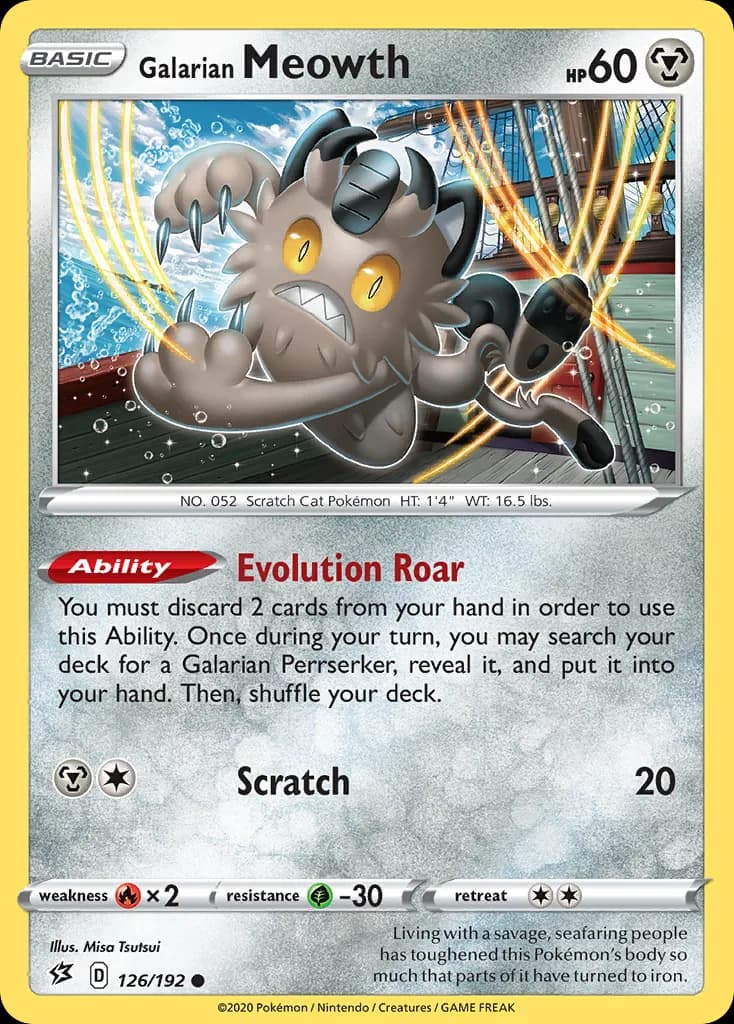 Rebel Clash Galarian Meowth card front, 126/192