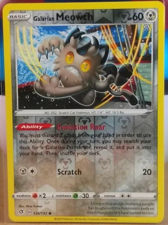 Galarian Meowth reverse holo card front, Rebel Clash 126/192