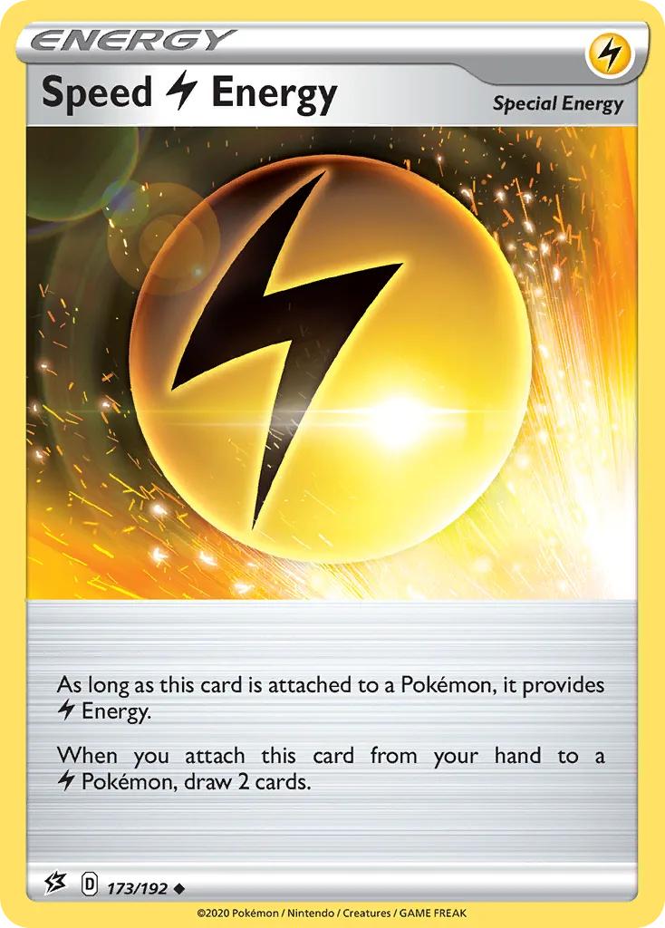 Speed Lightning Energy, Rebel Clash 173/192, English non-holo base-card reference; reverse-holo finish is not shown