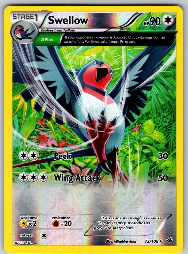 Swellow reverse holo card front, Roaring Skies 72/108
